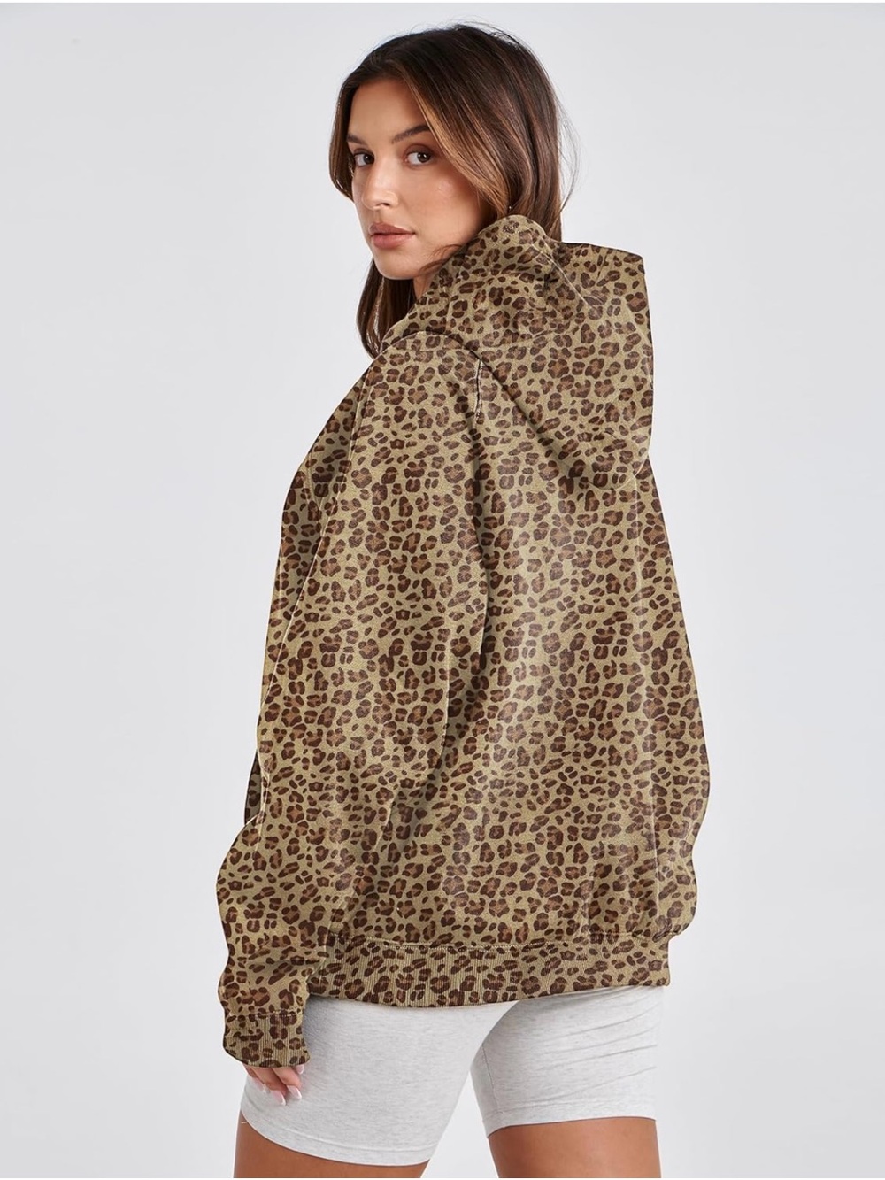 Leopard Print Hooded Pullover Sweatshirt - Brown